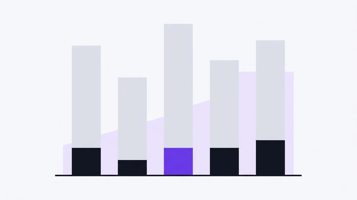 Five tall grey columns of different heights on a baseline, each with a short dark block at its base, the middle block violet.