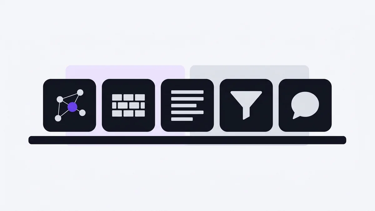 Five dark panels in a row, each with one glyph: a network with a violet node, a grid of bricks, lines on a page, a funnel and a speech bubble.