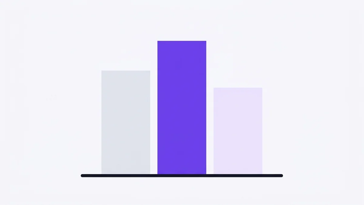 Three upright blocks of different heights on a baseline like a podium, the tallest one in the centre violet.